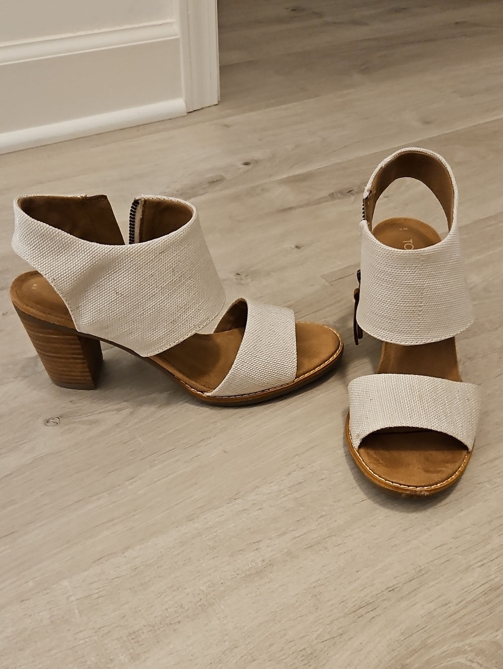 Toms Cream Textured Block Heel Sandals with Back Zip
